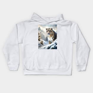 Funny A Proud Snow Leopard Went Hunting, in the Snowy forest, Hight Mountains, Snow Falling, Winter Landscape, Wildlife White Panthera, Watercolor Kids Hoodie